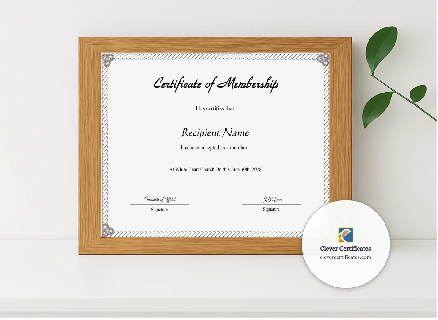 Realistic mockup featuring Editable Certificate Of Membership displayed within a modern frame, set against a minimalistic background.