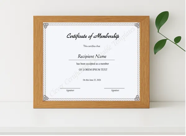 Realistic mockup featuring Editable Certificate Of Membership displayed within a modern frame, set against a minimalistic background.