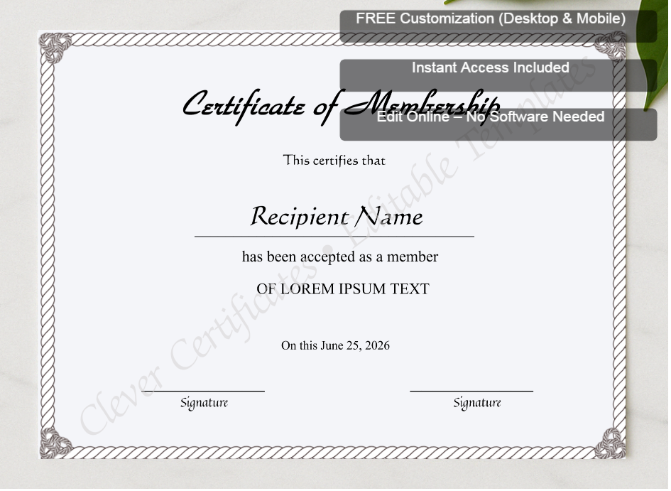 Framed preview featuring Free Editor badge stack for Editable Certificate Of Membership