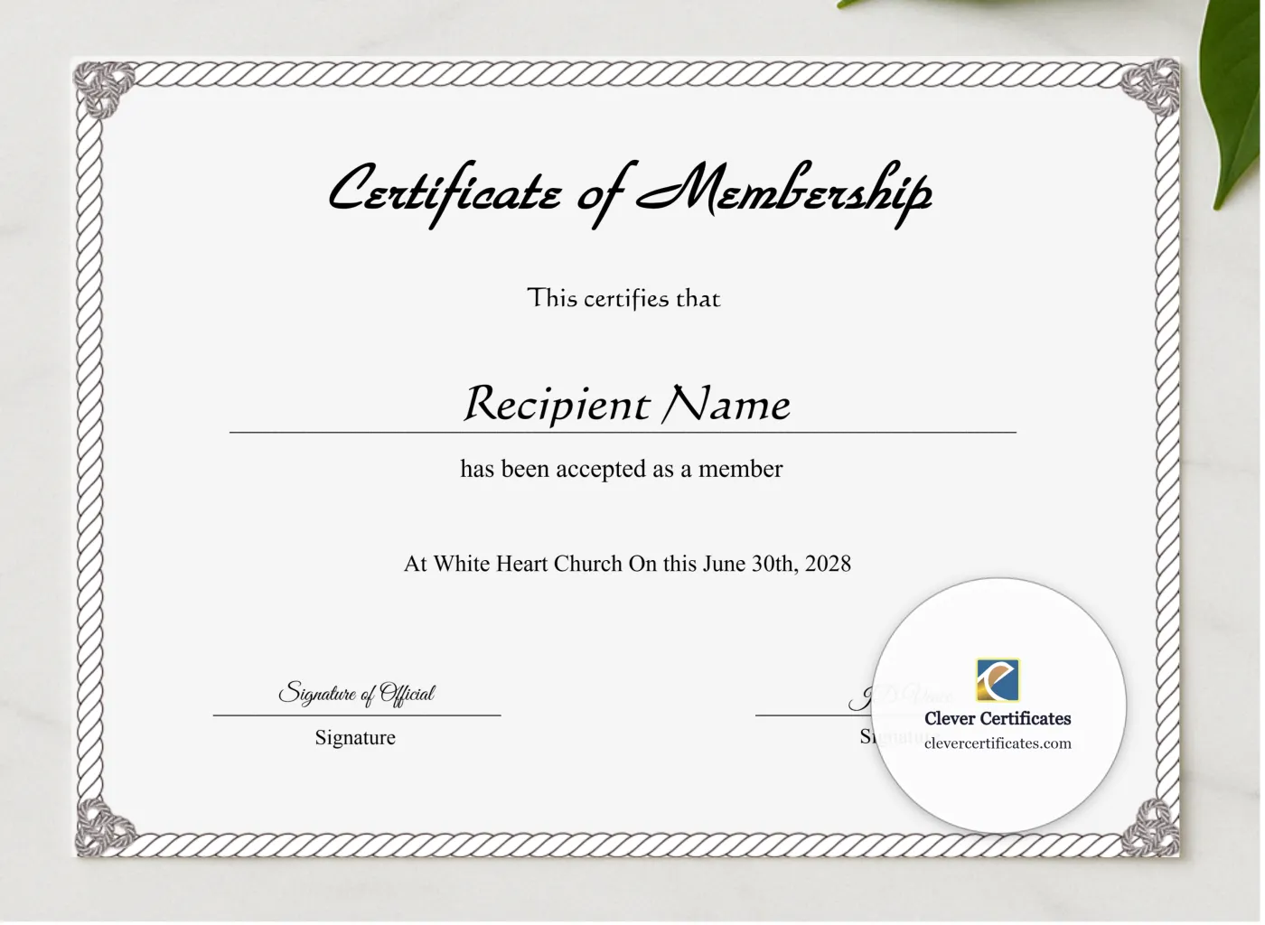 Editable Certificate Of Membership presented in a sleek wooden frame, elegantly arranged on a stylish table.
