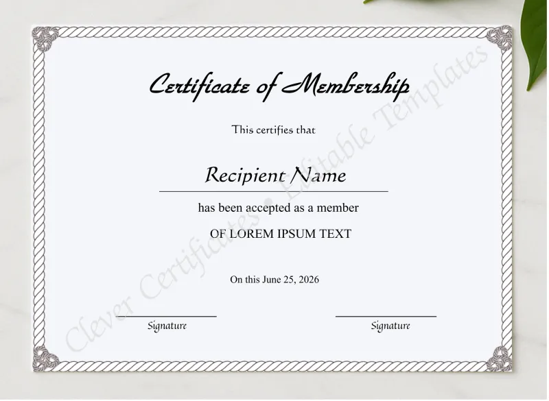 Editable Certificate Of Membership presented in a sleek wooden frame, elegantly arranged on a stylish table.