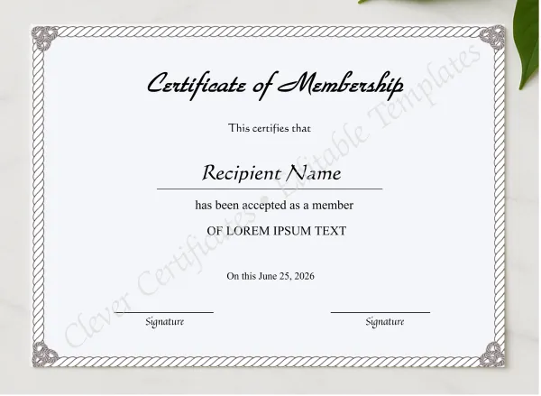 Editable Certificate Of Membership presented in a sleek wooden frame, elegantly arranged on a stylish table.