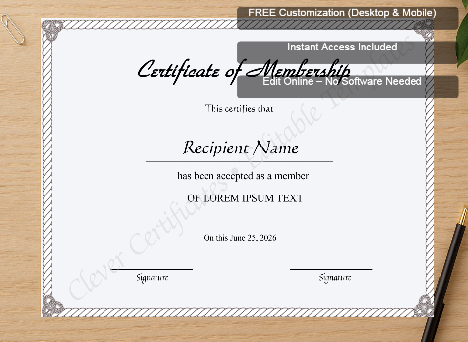 Zoomed preview with Free Editor badge stack for Editable Certificate Of Membership