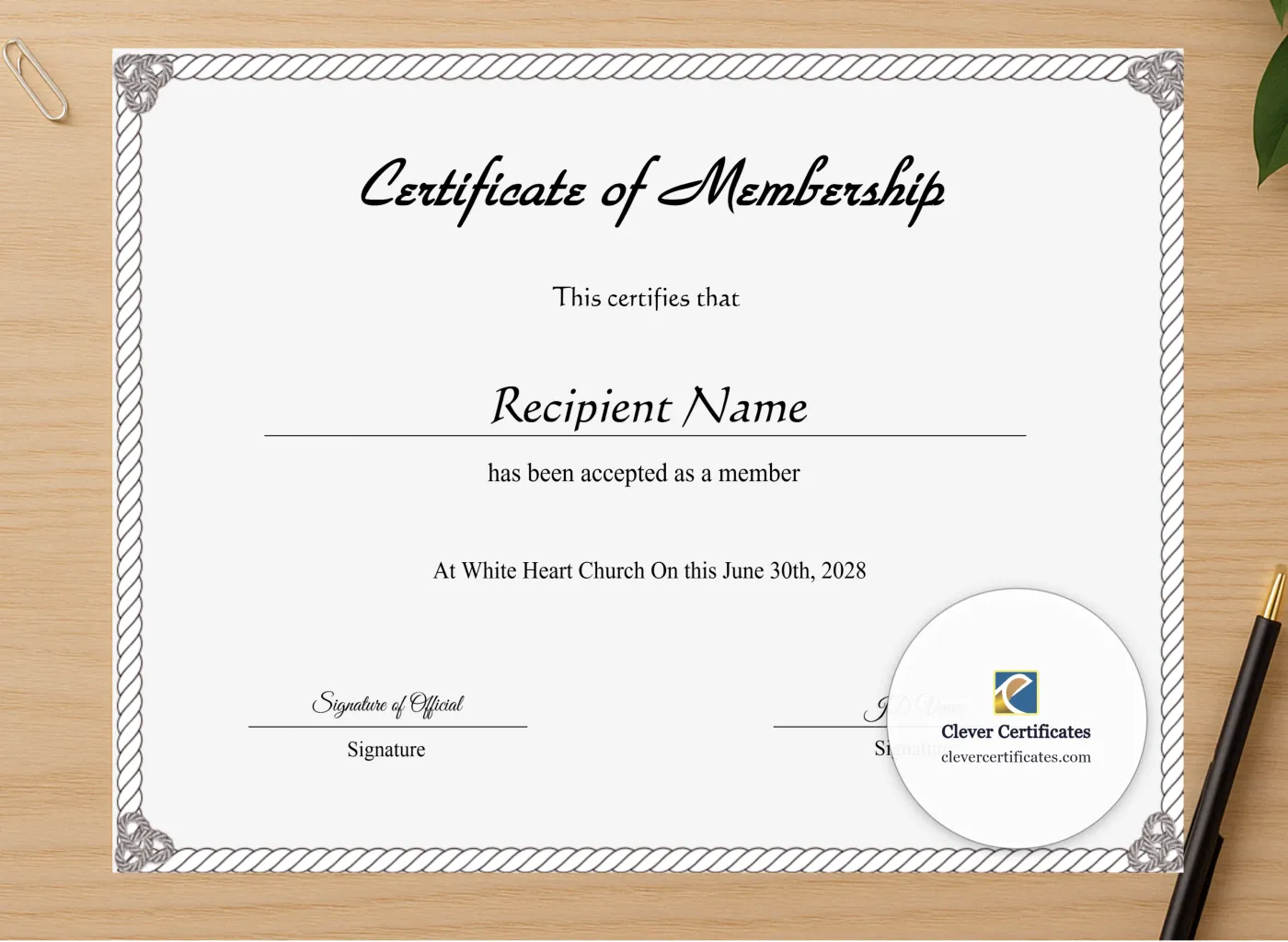 Professional preview of Editable Certificate Of Membership certificate on high-quality stationery paper, ideal for showcasing the final look.