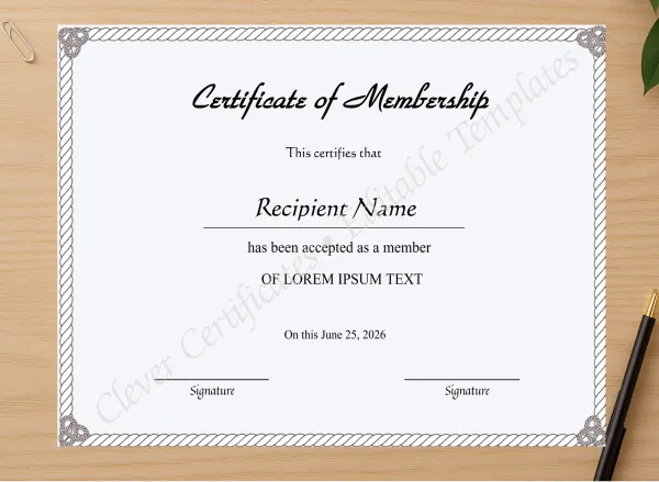 Professional preview of Editable Certificate Of Membership certificate on high-quality stationery paper, ideal for showcasing the final look.