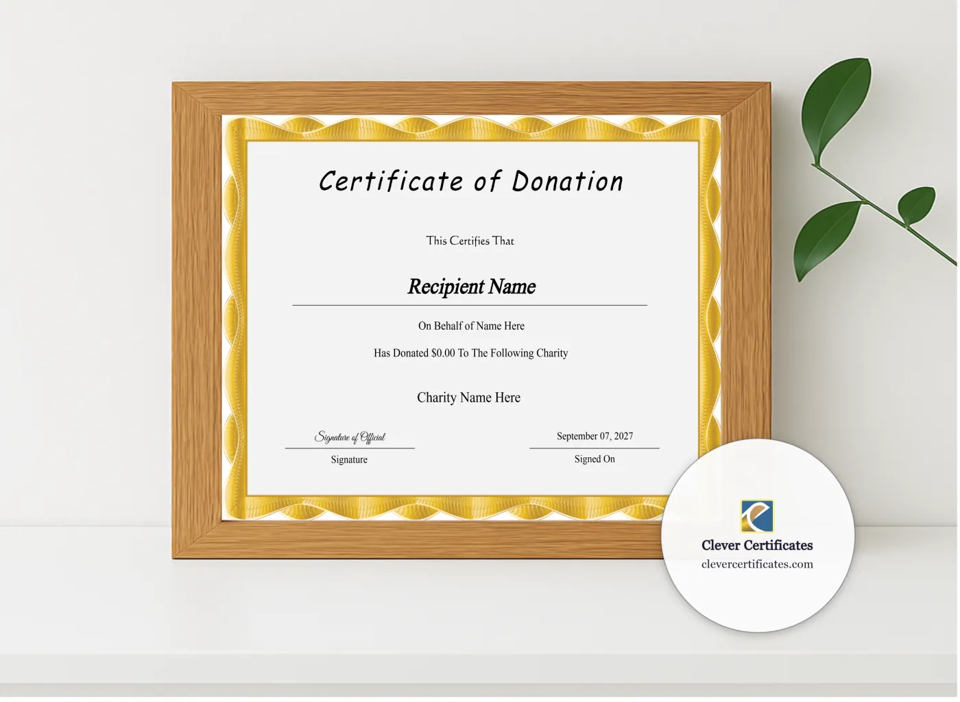 Realistic mockup featuring Editable Certificate Of Donation displayed within a modern frame, set against a minimalistic background.