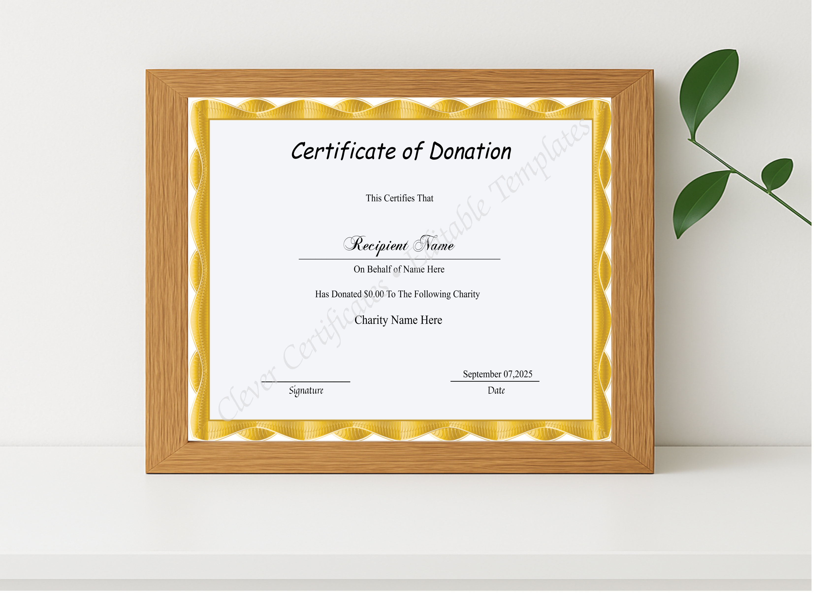 Realistic mockup featuring Editable Certificate Of Donation  displayed within a modern frame, set against a minimalistic background.