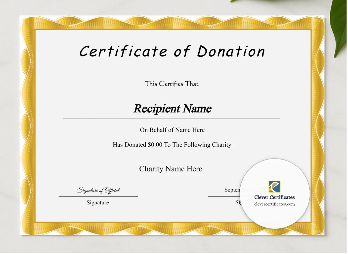 Editable Certificate Of Donation presented in a sleek wooden frame, elegantly arranged on a stylish table.