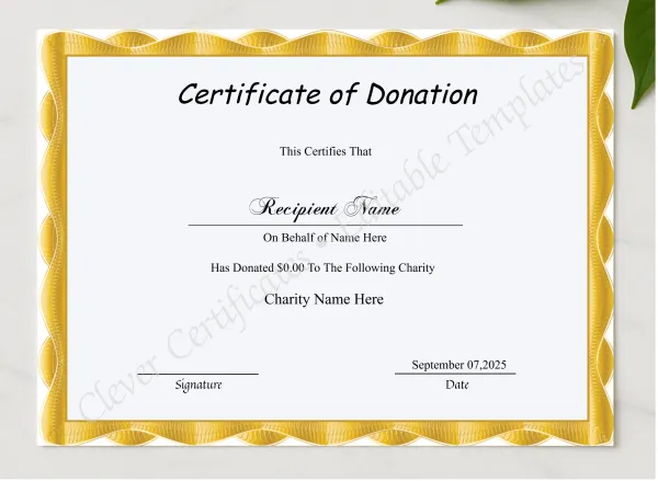 Editable Certificate Of Donation  presented in a sleek wooden frame, elegantly arranged on a stylish table.