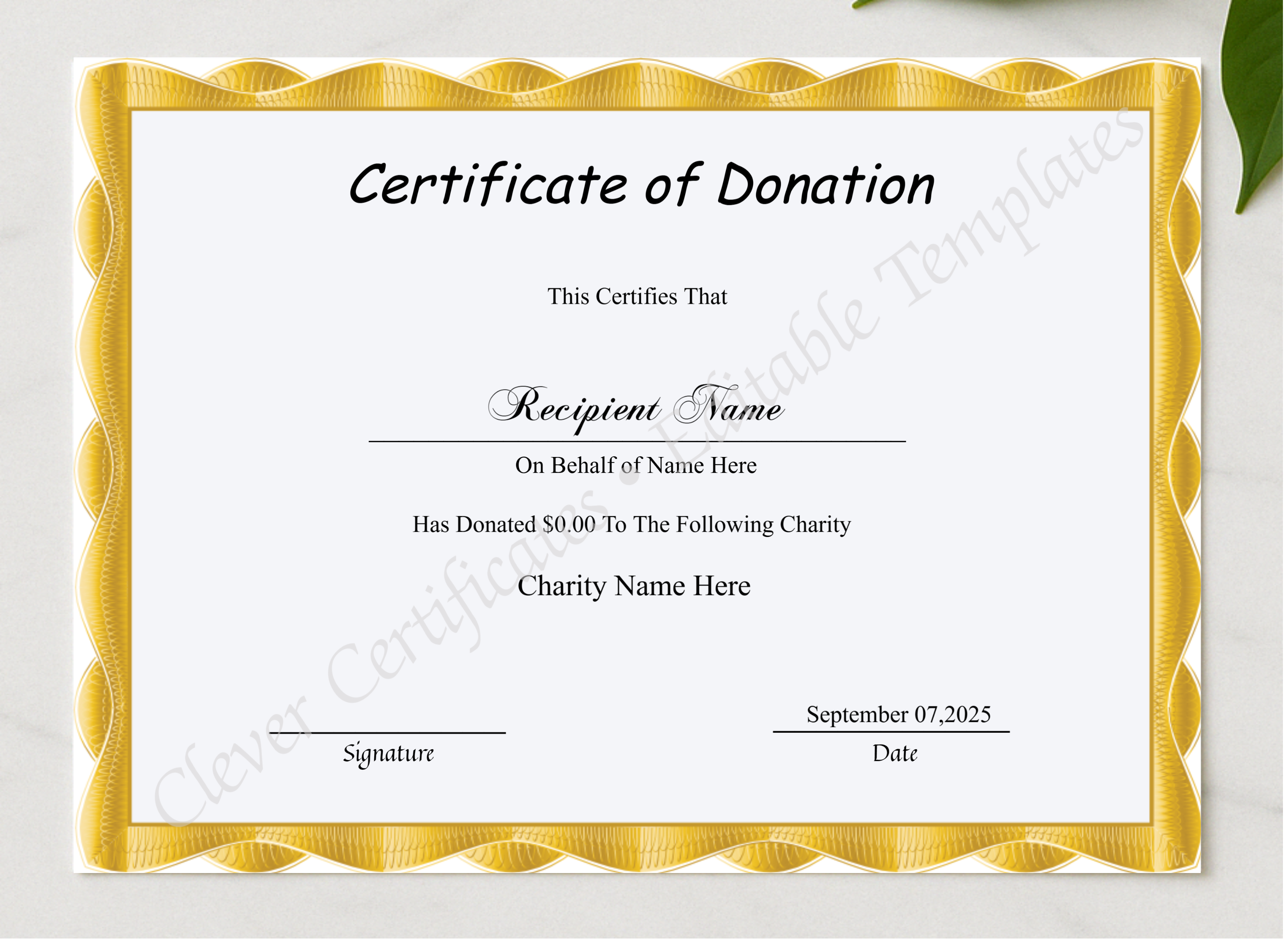 Editable Certificate Of Donation  presented in a sleek wooden frame, elegantly arranged on a stylish table.