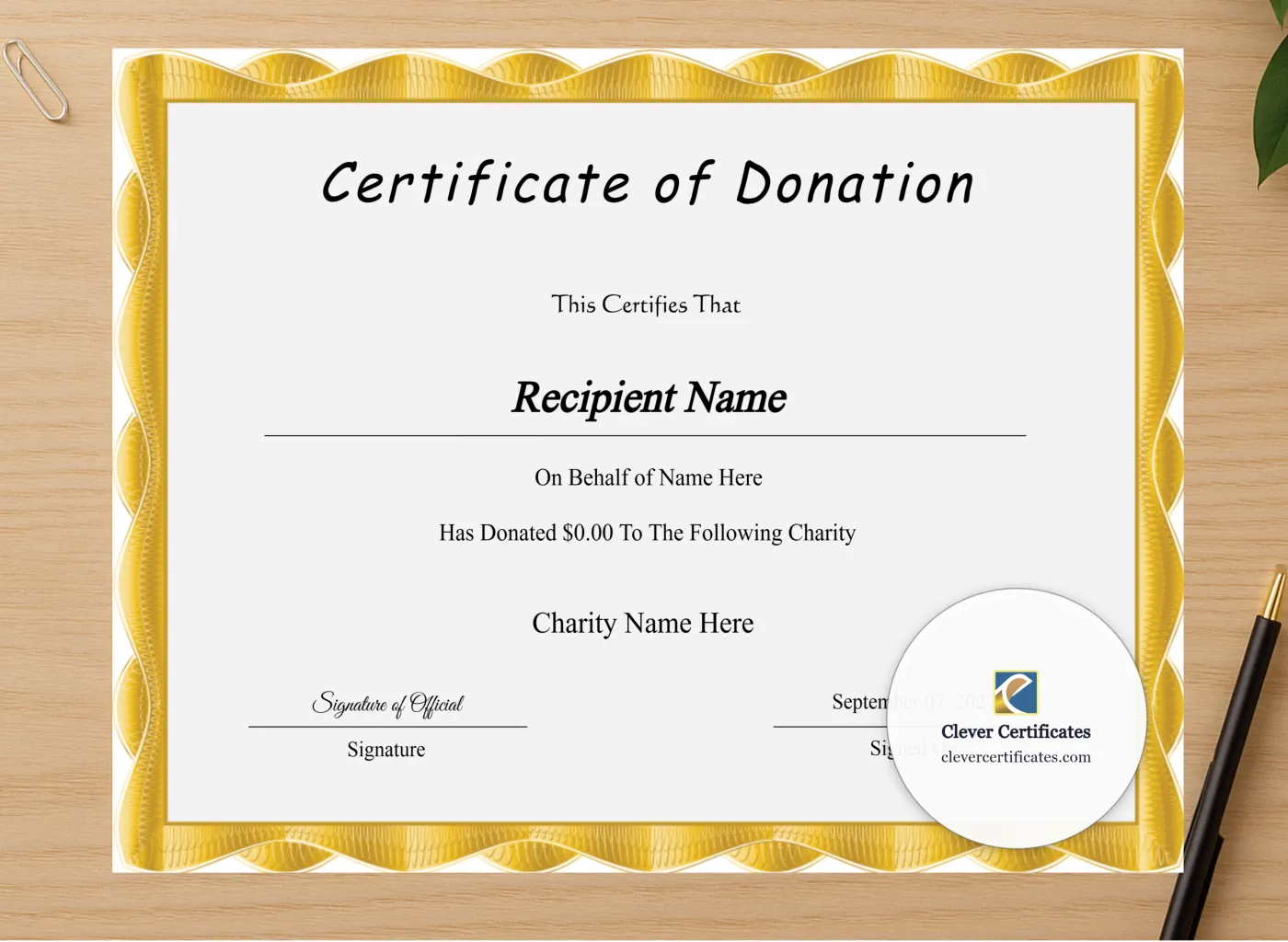 Professional preview of Editable Certificate Of Donation certificate on high-quality stationery paper, ideal for showcasing the final look.