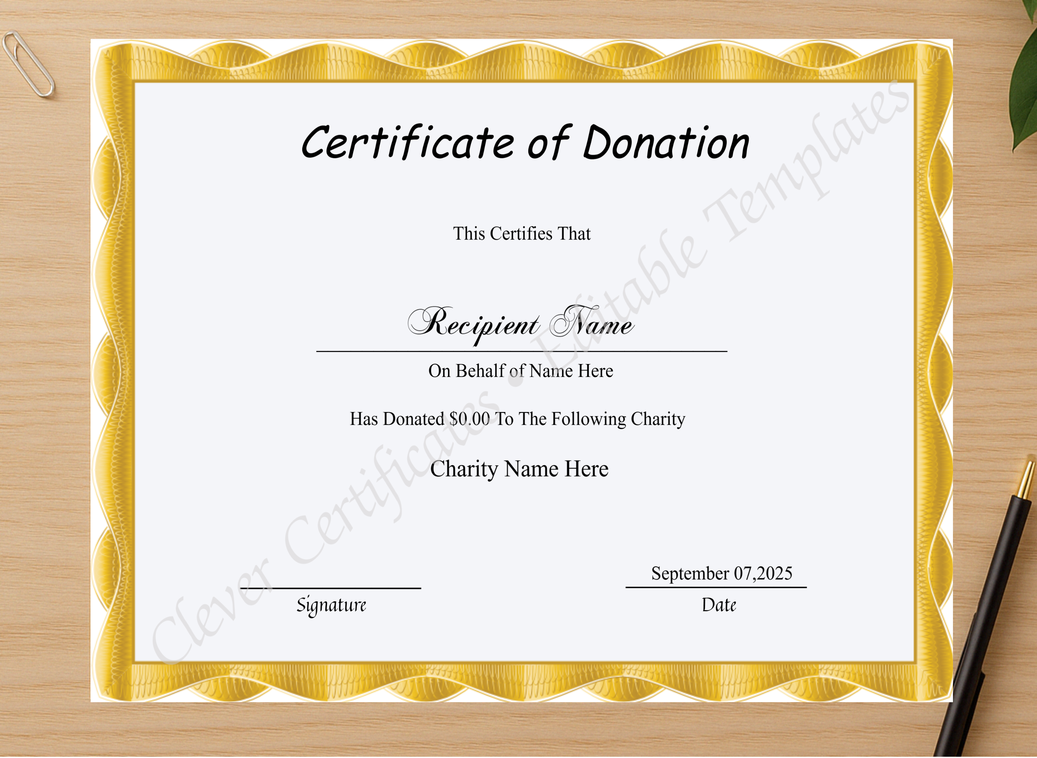 Professional preview of Editable Certificate Of Donation  certificate on high-quality stationery paper, ideal for showcasing the final look.