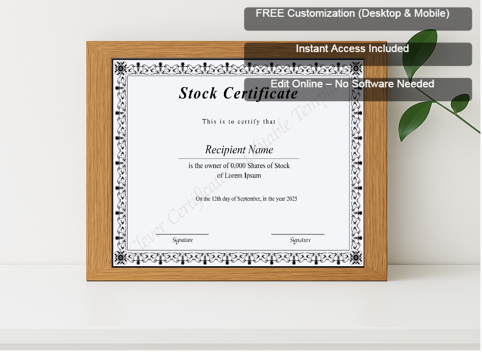 Premium mockup with Free Editor badge stack for Editable Stock Certificate