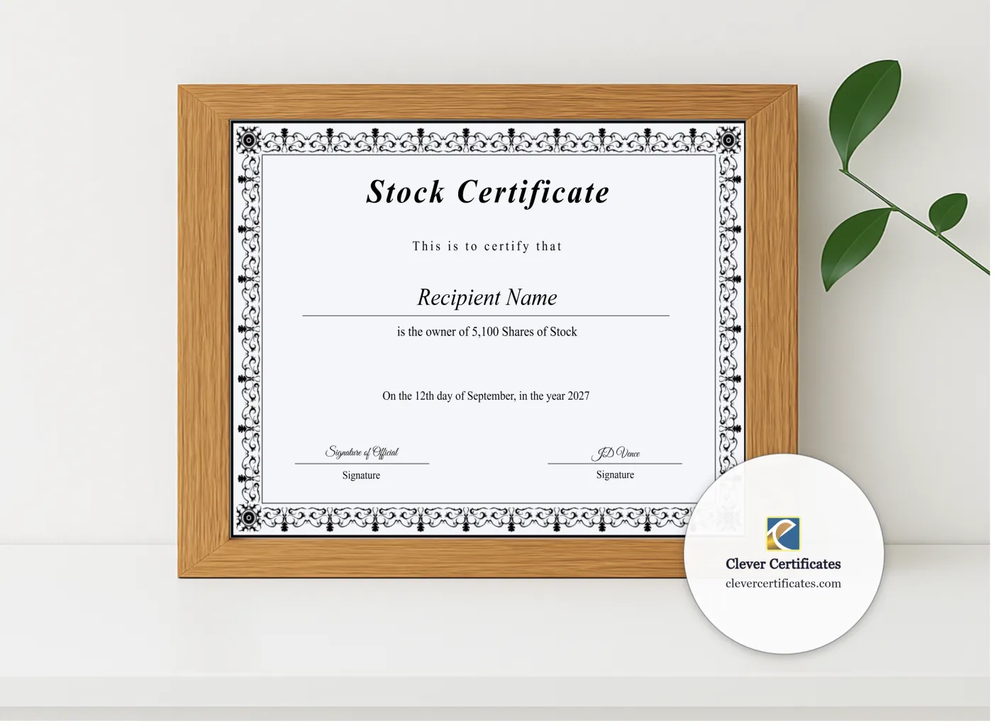Realistic mockup featuring Editable Stock Certificate displayed within a modern frame, set against a minimalistic background.