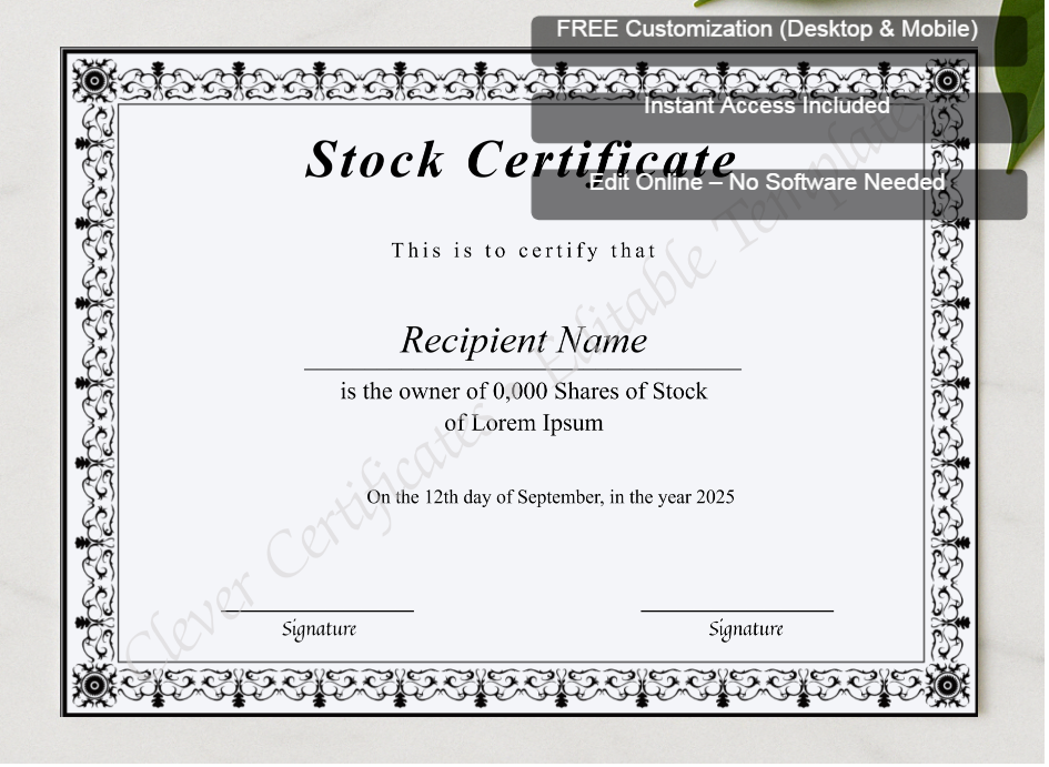 Framed preview featuring Free Editor badge stack for Editable Stock Certificate