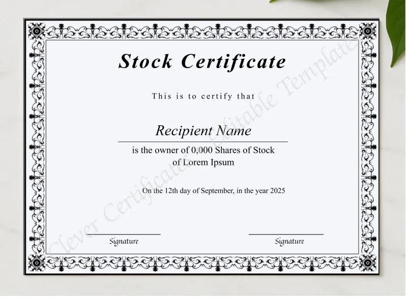 Editable Stock Certificate presented in a sleek wooden frame, elegantly arranged on a stylish table.