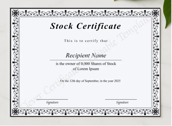 Editable Stock Certificate presented in a sleek wooden frame, elegantly arranged on a stylish table.