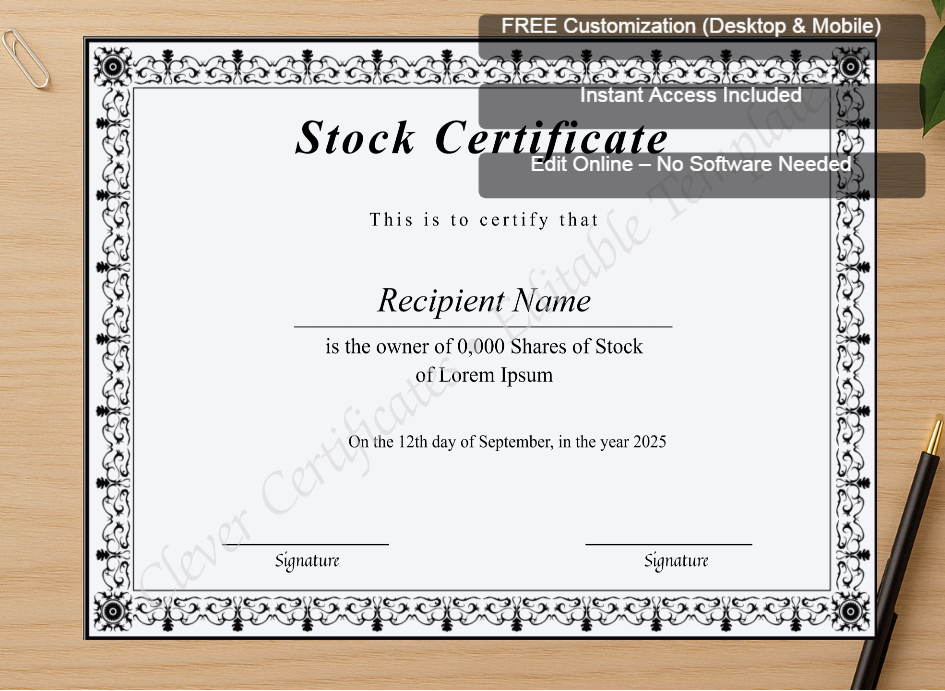 Zoomed preview with Free Editor badge stack for Editable Stock Certificate