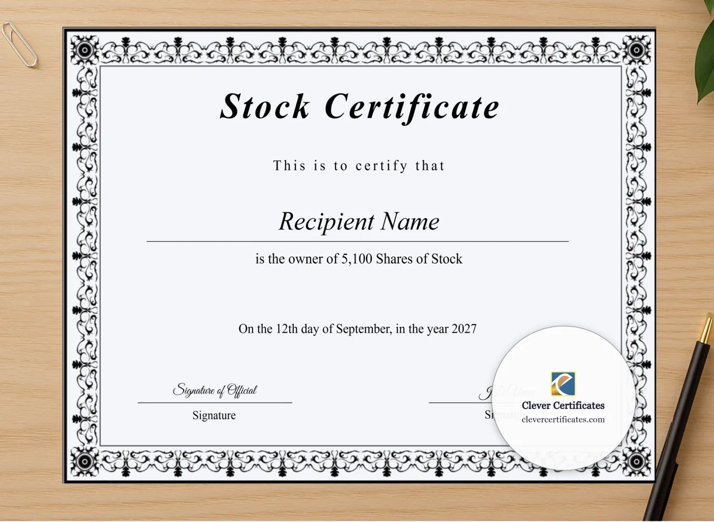 Professional preview of Editable Stock Certificate certificate on high-quality stationery paper, ideal for showcasing the final look.