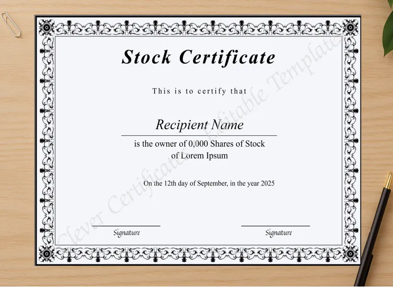 Professional preview of Editable Stock Certificate certificate on high-quality stationery paper, ideal for showcasing the final look.