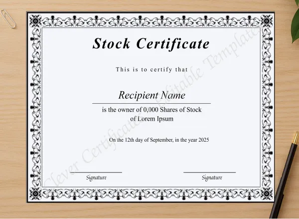 Professional preview of Editable Stock Certificate certificate on high-quality stationery paper, ideal for showcasing the final look.