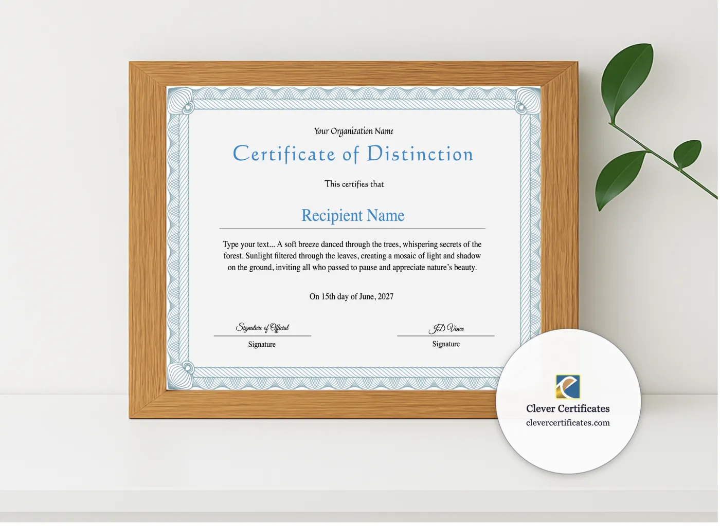 Realistic mockup featuring Editable Certificate Of Distinction displayed within a modern frame, set against a minimalistic background.