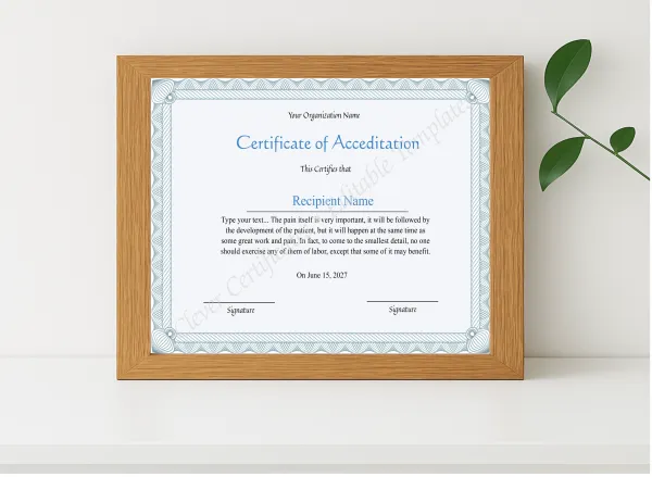 Realistic mockup featuring Editable Certificate Of Accreditation  displayed within a modern frame, set against a minimalistic background.