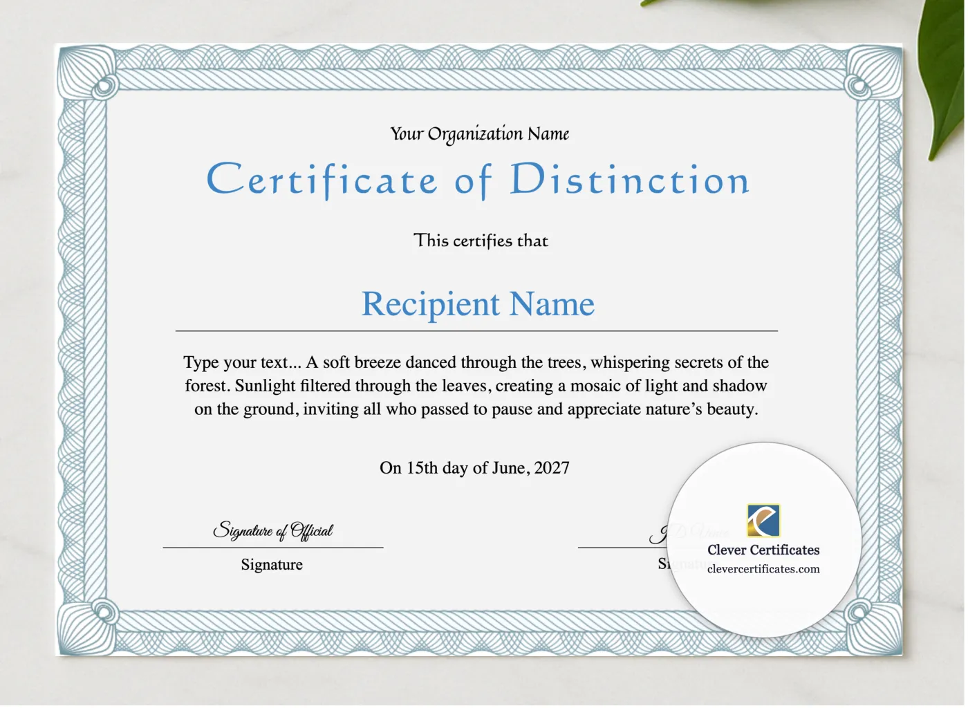Editable Certificate Of Distinction presented in a sleek wooden frame, elegantly arranged on a stylish table.