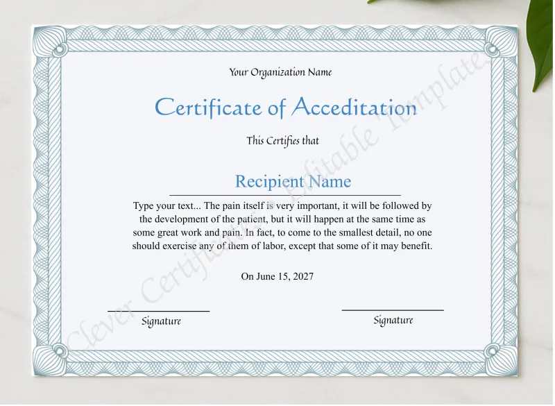 Editable Certificate Of Accreditation  presented in a sleek wooden frame, elegantly arranged on a stylish table.