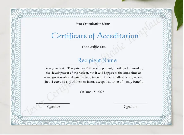 Editable Certificate Of Accreditation  presented in a sleek wooden frame, elegantly arranged on a stylish table.