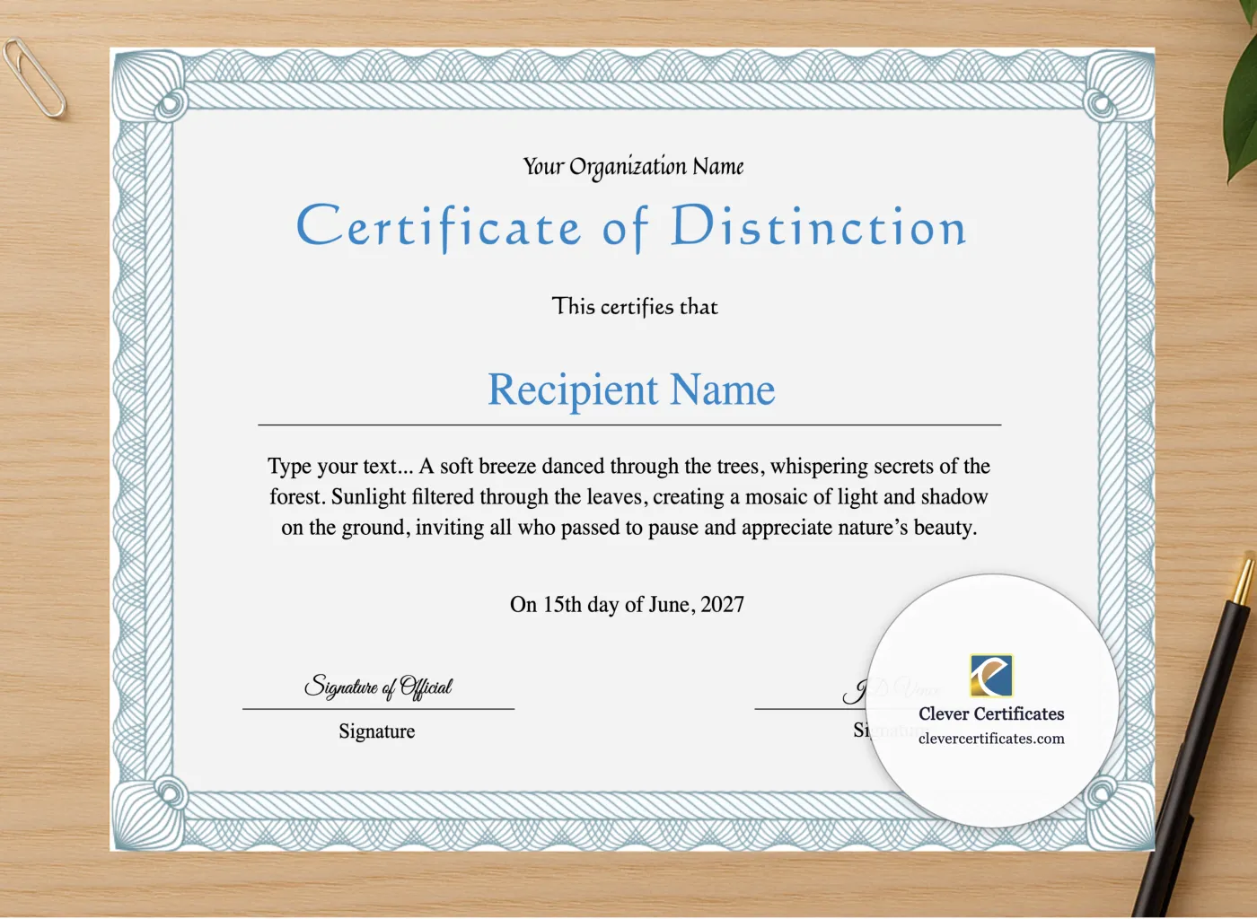 Professional preview of Editable Certificate Of Distinction certificate on high-quality stationery paper, ideal for showcasing the final look.