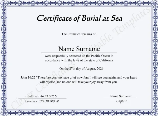 Editable Sea Scattering Certificate Of Burial Sea