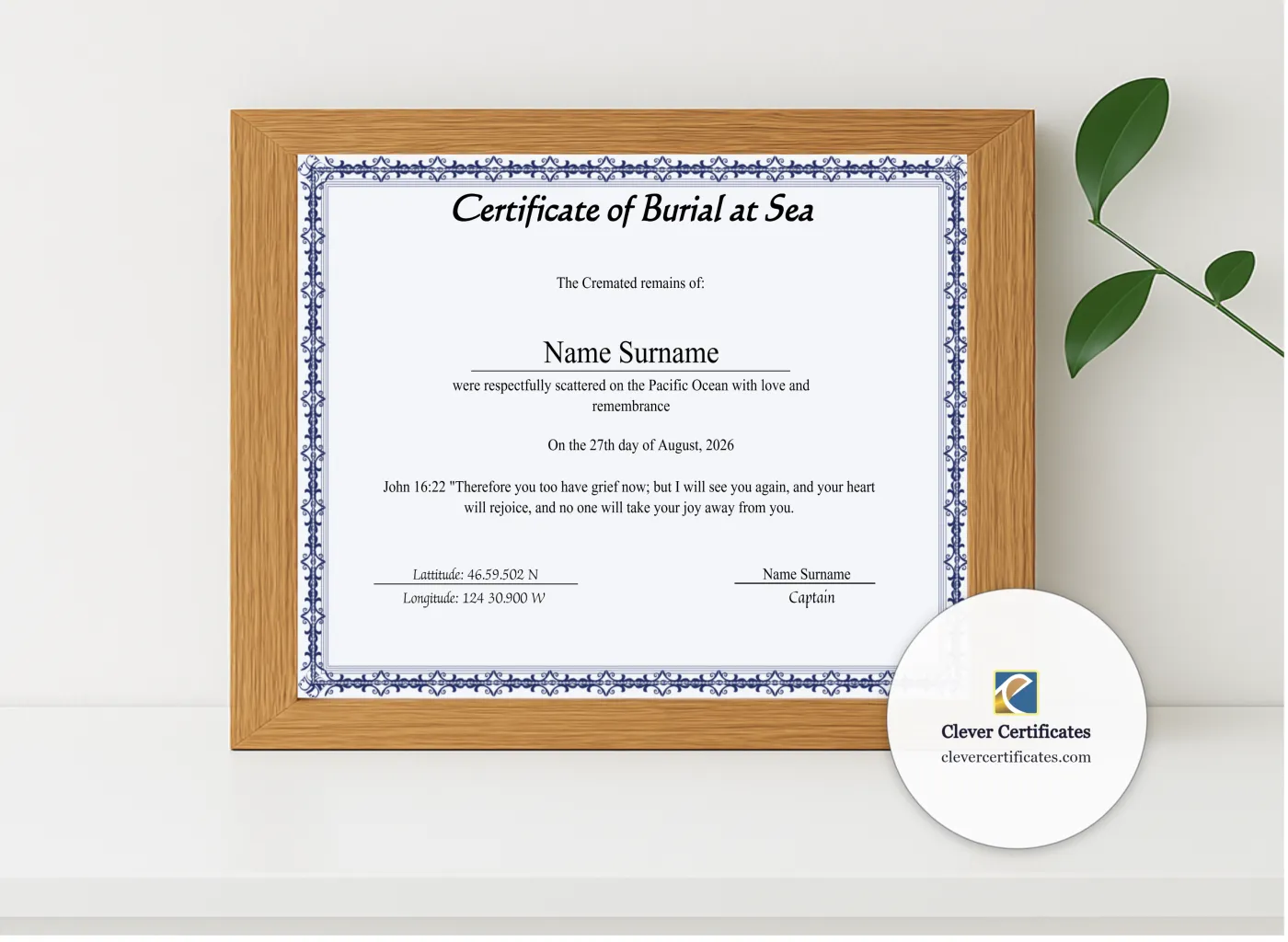Realistic mockup featuring Editable Sea Scattering Certificate Of Burial Sea displayed within a modern frame, set against a minimalistic background.