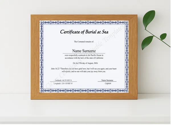 Realistic mockup featuring Editable Sea Scattering Certificate Of Burial Sea displayed within a modern frame, set against a minimalistic background.