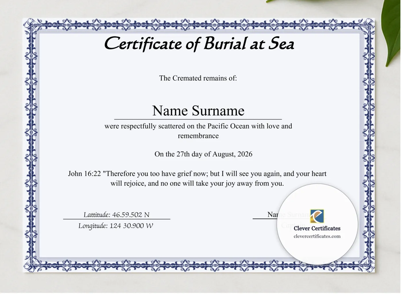 Editable Sea Scattering Certificate Of Burial Sea presented in a sleek wooden frame, elegantly arranged on a stylish table.