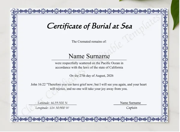 Editable Sea Scattering Certificate Of Burial Sea presented in a sleek wooden frame, elegantly arranged on a stylish table.