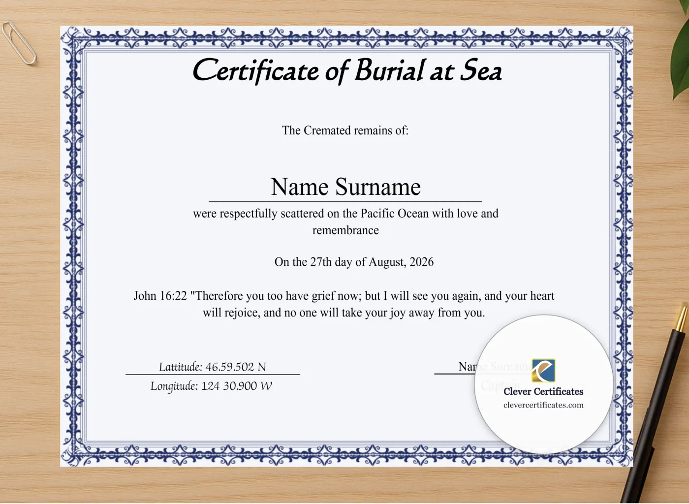 Professional preview of Editable Sea Scattering Certificate Of Burial Sea certificate on high-quality stationery paper, ideal for showcasing the final look.
