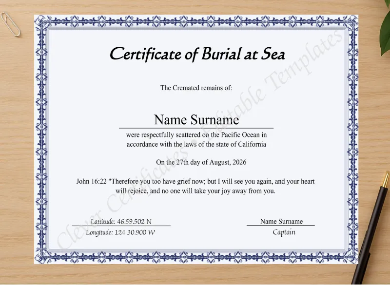 Professional preview of Editable Sea Scattering Certificate Of Burial Sea certificate on high-quality stationery paper, ideal for showcasing the final look.
