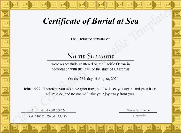 Printable Sea Scattering Certificate Of Burial Sea