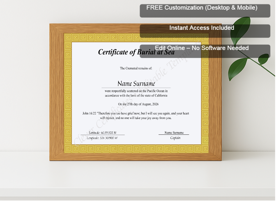 Premium mockup with Free Editor badge stack for Printable Sea Scattering Certificate Of Burial Sea