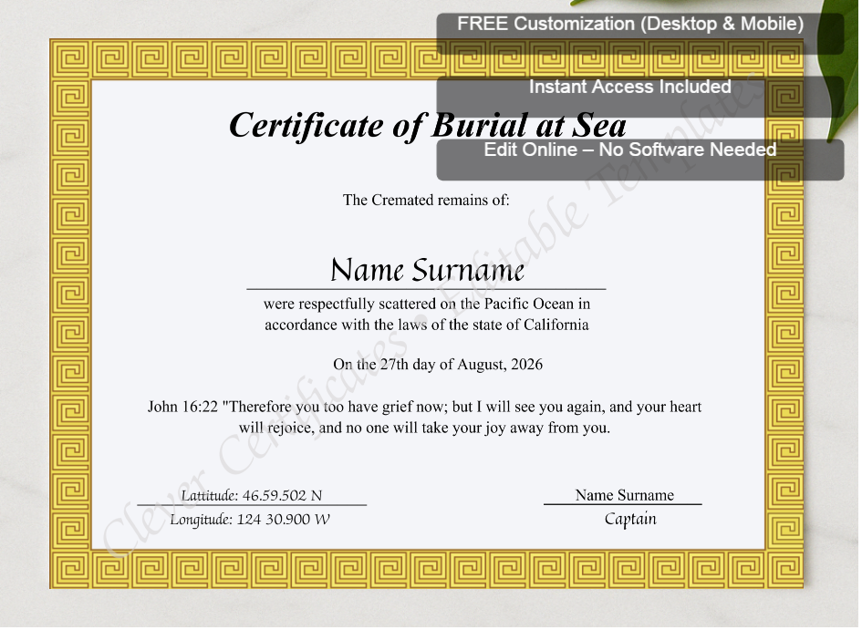 Framed preview featuring Free Editor badge stack for Printable Sea Scattering Certificate Of Burial Sea