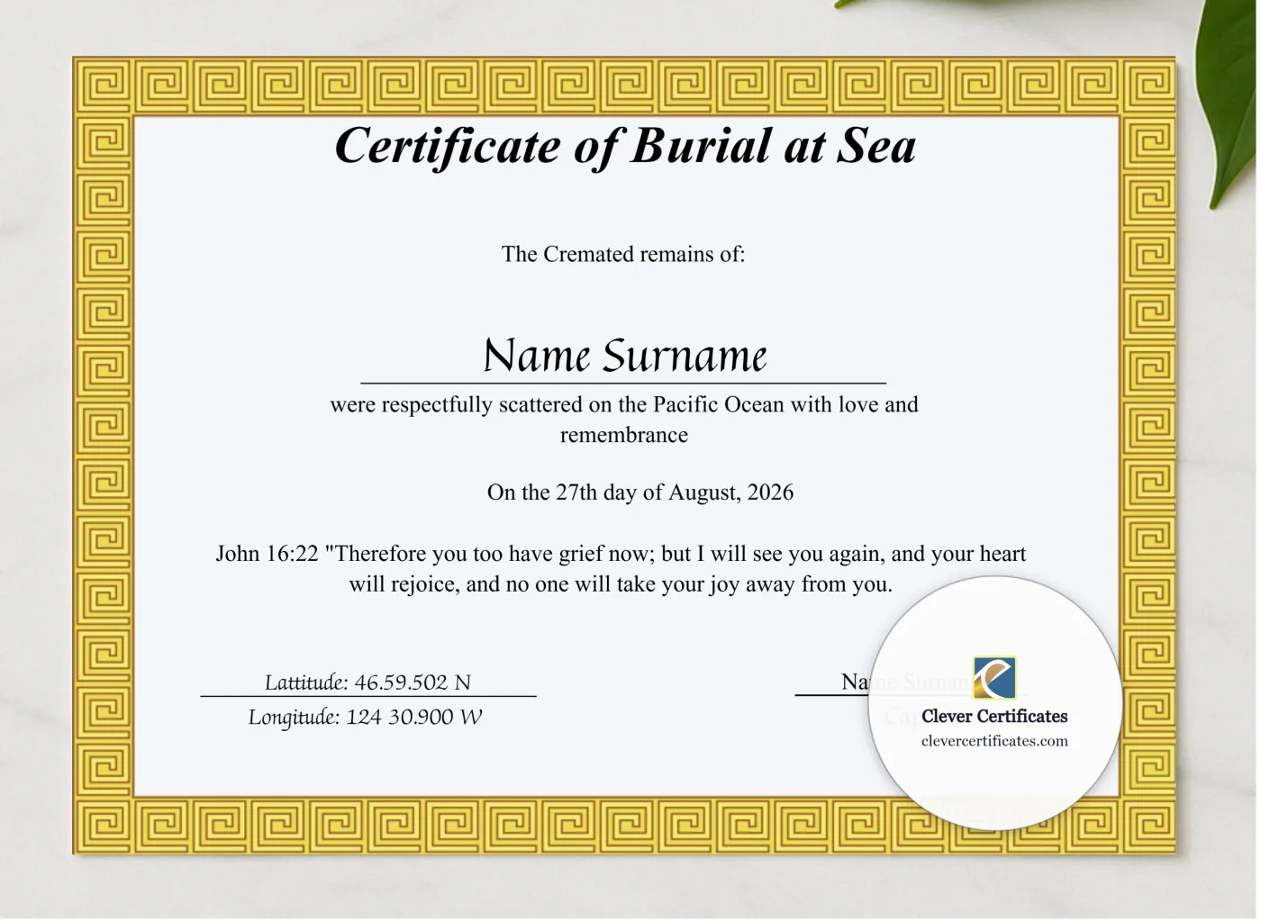Printable Sea Scattering Certificate Of Burial Sea presented in a sleek wooden frame, elegantly arranged on a stylish table.