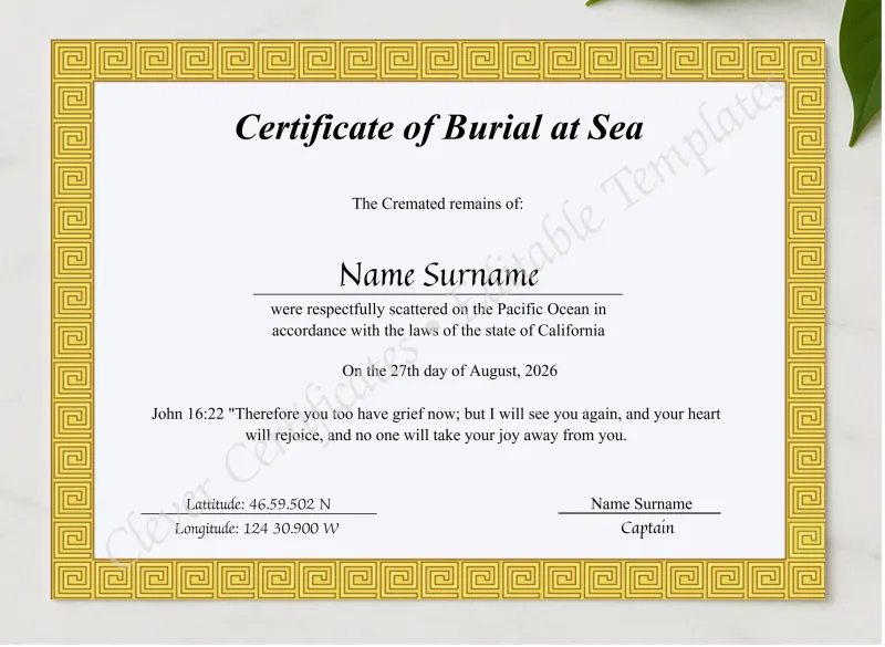 Printable Sea Scattering Certificate Of Burial Sea presented in a sleek wooden frame, elegantly arranged on a stylish table.