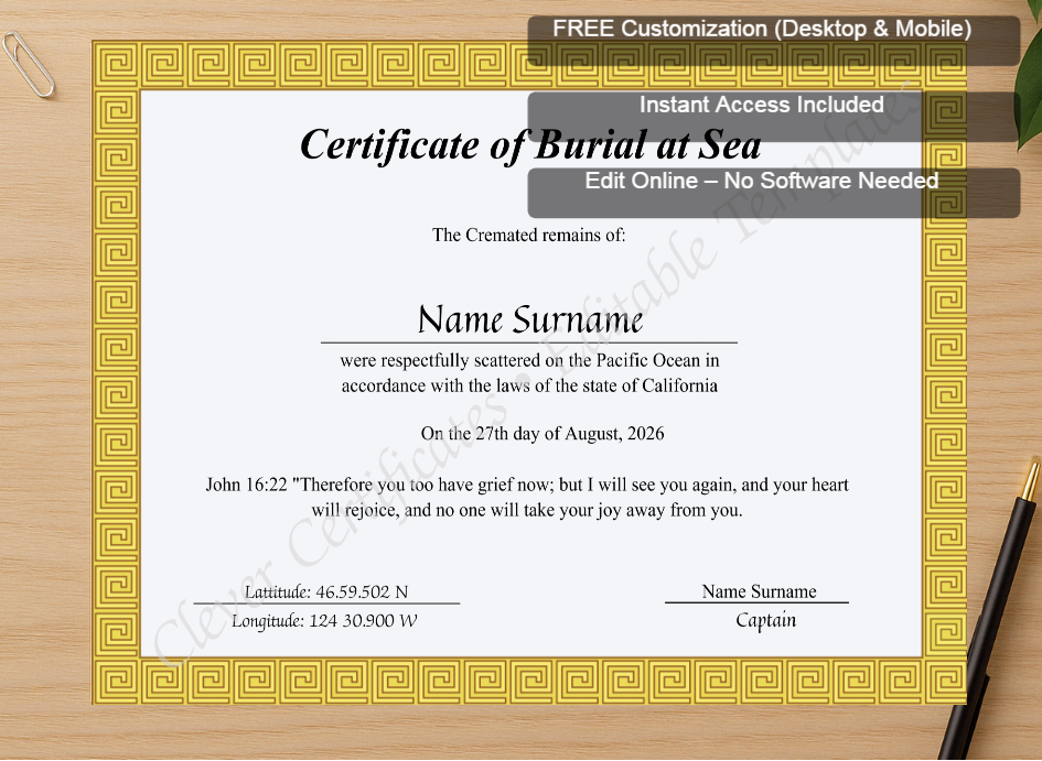 Zoomed preview with Free Editor badge stack for Printable Sea Scattering Certificate Of Burial Sea
