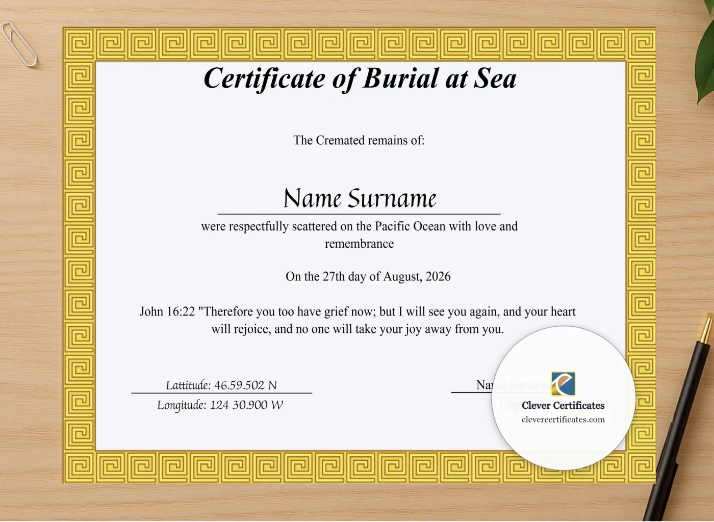 Professional preview of Printable Sea Scattering Certificate Of Burial Sea certificate on high-quality stationery paper, ideal for showcasing the final look.