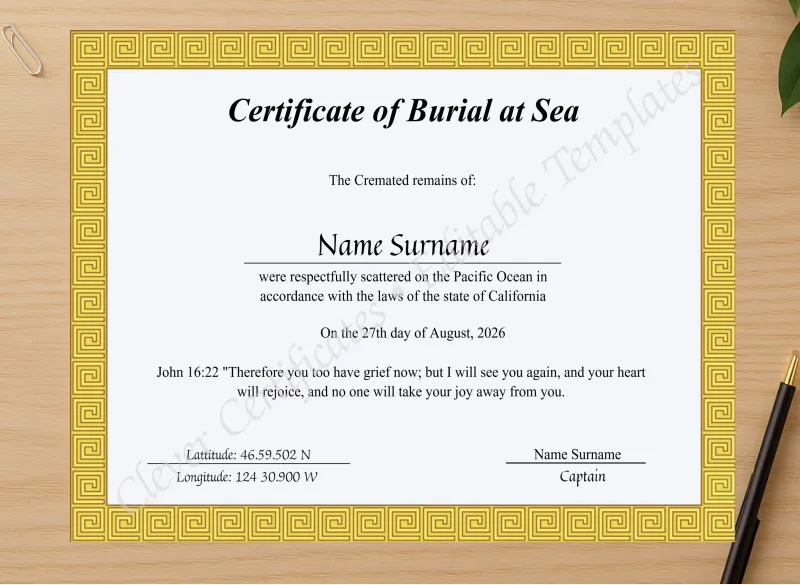 Professional preview of Printable Sea Scattering Certificate Of Burial Sea certificate on high-quality stationery paper, ideal for showcasing the final look.