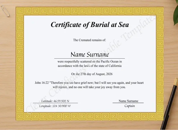 Professional preview of Printable Sea Scattering Certificate Of Burial Sea certificate on high-quality stationery paper, ideal for showcasing the final look.