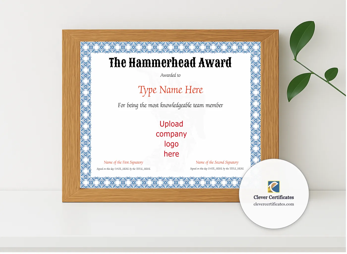 Realistic mockup featuring Hammerhead Award displayed within a modern frame, set against a minimalistic background.