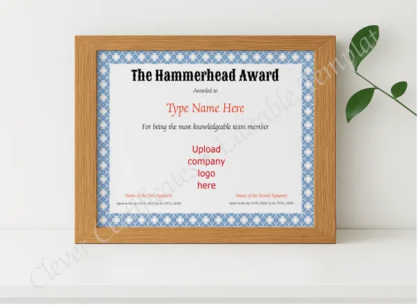 Realistic mockup featuring Hammerhead Award displayed within a modern frame, set against a minimalistic background.