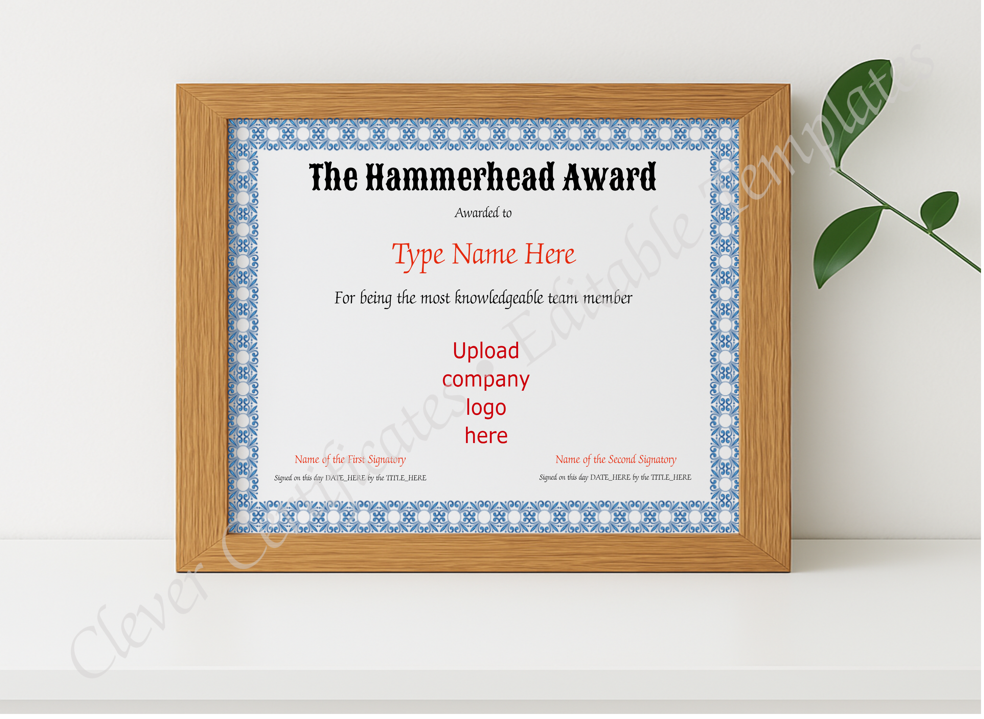 Realistic mockup featuring Hammerhead Award displayed within a modern frame, set against a minimalistic background.